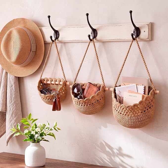 Honeydak Boho Decor Hanging Wall Baskets for Kitchen 3 Pack Teardrop Baskets with Hooks Storage Fruit Onion Vegetable Potato for Home(Dark Brown,Lace,Cotton Rope) - Image 5