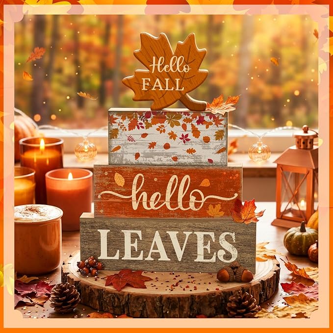 Moucuny 4 Pcs Fall Decor Wooden Maple Leaf Decoration Thanksgiving Tiered Tray Decor Rustic Wooden Maple Leaf Block Sign Thanksgiving Table Centerpiece Farmhouse for Autumn Harvest Party Kitchen Home - Image 3
