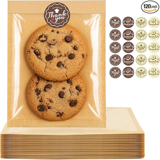 120PCS Cookie Bags with Seal, 5.1 x 7.5 Inch Cookie Packaging with Stickers | Heat Sealable & Grease Resistant Paper Bakery Bags with Window, Pastry Bags for Bake Sale Treat Scone Donut Brownie by ORIKASO