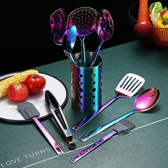 Rainbow Kitchen Utensils Set,13 Pieces Stainless Steel Cooking Utensils Set With Titanium Rainbow Plating,Kitchen Tools Set With Utensil Holder For Non-Stick Cookware Dishwasher Safe (13 Packs) - Image 4