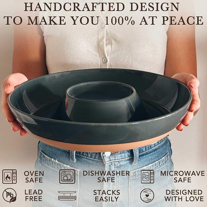 Mora Ceramic Chips and Dip Serving Tray: Large Divided Party Bowl Set for Chips & Salsa, Veggies & Dip, Fruit, Snacks, Entertaining, Hosting, etc. Minimalist Design for the Modern Hostess - Charcoal - Image 4