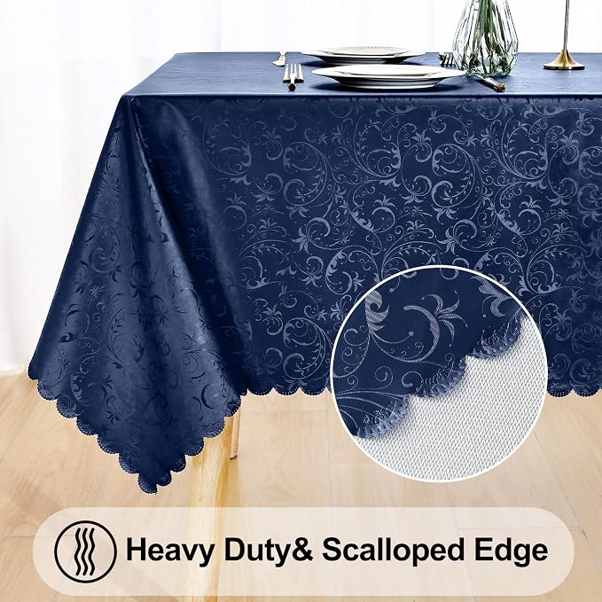 Smiry Rectangle Waterproof Heavy Duty Vinyl Tablecloths, 60 x 102 Inch | Wipeable Washable Floral Embossed Table Cover for Kitchen and Dining Room, Indoor & Outdoor Use, Dark Blue - Image 5