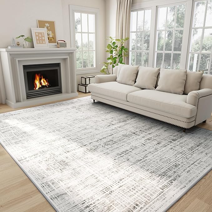 8x10 Washable Area Rug for Living Room Bedroom: Non-Slip Modern White Gray | Machine Washable TPR Backing, Stain-Resistant Low Pile, Pet & Kid Friendly, Abstract Decor for Dining Room, Dorm, Home Office by Oriannal