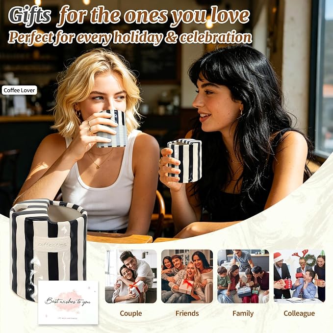 10 oz Ceramic Coffee Mug with Sip Hole & Silicone Sleeve, Black | Cute Hand-Painted Striped Porcelain, Gift for Coffee Lover, Cold & Hot Drinks, Microwave & Dishwasher Safe - Image 7