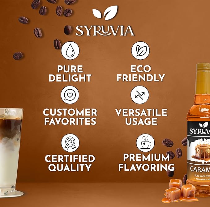 Syruvia Caramel Syrup - 25.4 fl oz. Premium Coffee Flavoring Syrup. Kosher, and Gluten-Free. Perfect for Enhancing Drinks, Sodas, Shakes, Desserts, and More With Pump (Pack of 3)