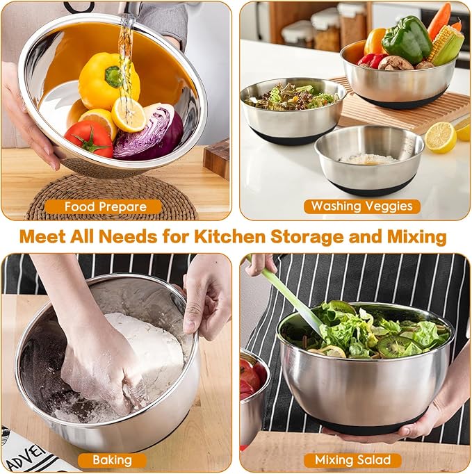 Mixing Bowls with Airtight Lids, 18pcs Stainless Steel Mixing Bowls Set | Nesting Non-slip Silicone Bowls Bottom, Size 4.5, 3.6, 2.7, 2.1, 1.7, 1.1, 0.7 qt, Fit for Mixing & Serving(Black) - Image 7