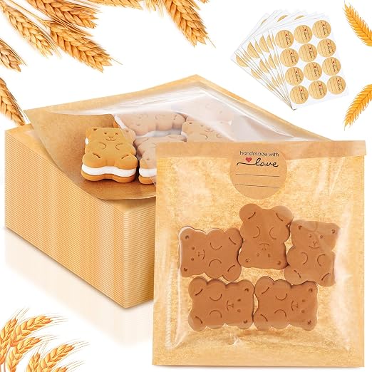Outus 200 Pcs Cookie Packaging Bags with Seal, 5.7 x 6.5 Inch Bakery Pastry Bags with Window, Heat Sealable Grease Resistant Paper to Go Bake Sleeves for Gift Giving Donut Bread Sandwich (Brown) by Outus