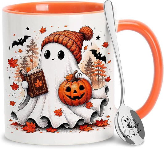 Hyturtle Fall Ghost Coffee Mug with Spoon Gifts for Book Lover on Halloween | Spooky Reading Themed Gifts for Readers, Fall Halloween Decor, Double-sided print 11oz ceramic mug, Comfort grip handle by Hyturtle