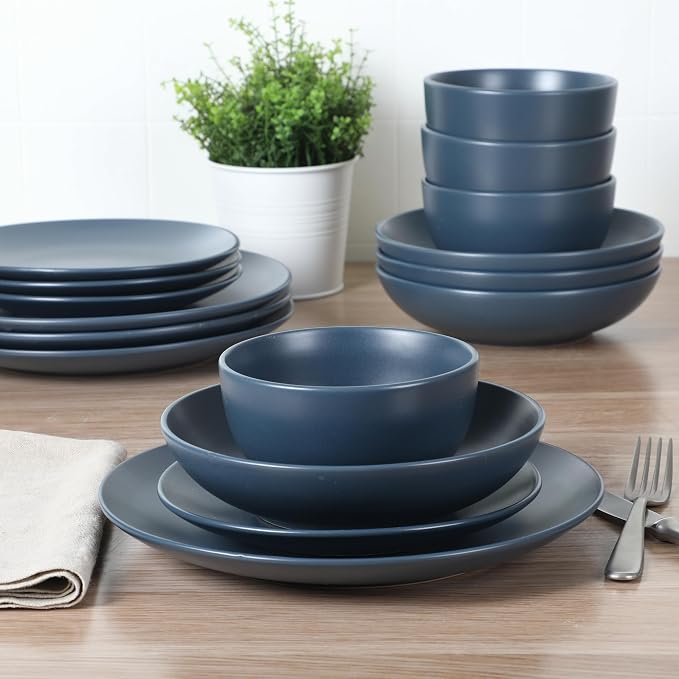 Gibson Home Queenslane 16-Piece Matte Blue Stoneware Dinnerware Set – Double Bowl Plates and Bowls, Durable Kitchen Dinner Set - Image 4