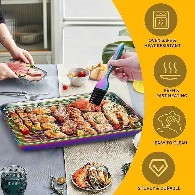 DOCBLACK Baking Sheet with Wire Rack and Silicone Pastry Basting Brush Set, Stainless Steel Cookie Sheet Baking Tray & Cooling Rack & Silicone Food Brush for Cooking and Oven, Dishwasher Safe-Rainbow - Image 5