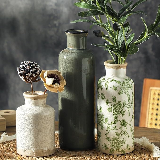 Vintage Vase Set of 3, Ceramic Vintage Flower Vases, Chinoiserie Decorative Home Decor Retro Floral Vase Rustic Farmhouse Decor for Table Bookshelf Mantel Kitchen Living Room Office - Green and Beige by ooit