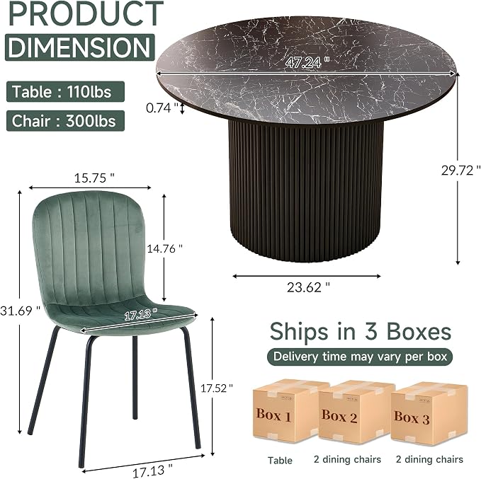 Dining Table Set for 4, 47 Inch Mid Century Modern Faux Marble Round Kitchen Table and Chairs, Space-Saving Small Dinette Set (Black Table+4 Green Chairs) - Image 5