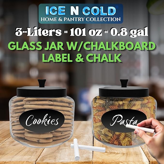 Kitchen and Laundry Storage Glass Jar – Wide Mouth Round Glass Storage Container with Black Steel Lid and Chalkboard Label - 2 Sticks of Chalk Included (1, 3L | 101oz | 0.8 Gallon)