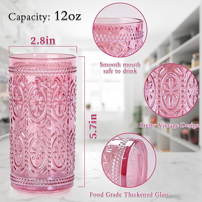 Darlion Vintage Glassware, Pink Glasses Drinking, 12oz Highball Glasses | Lead-Free Glass, Food Grade Glass, Durable&Sturdy, Vintage Decoration - Image 2