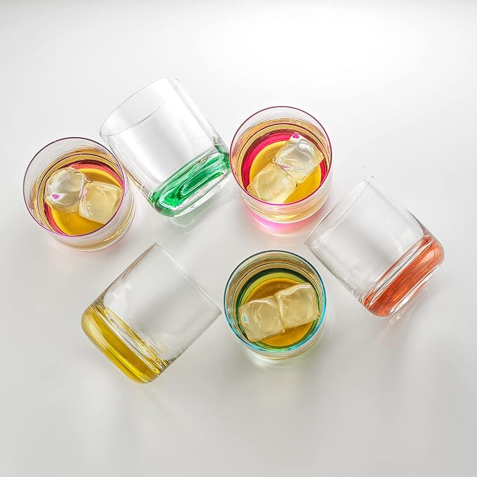 JoyJolt Hue Colorful Whiskey Set of 6, 10oz Drink Glasses, Double Old Fashioned Glass, Modern Whiskey Glass Set for Bar, Low Ball Cocktail Tumbler Glasses - Image 8