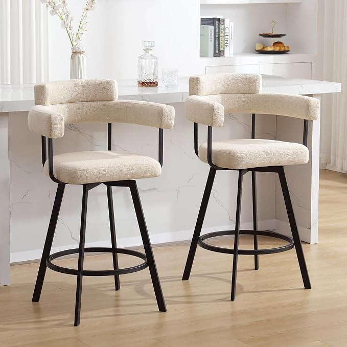 Flouki Swivel Bar Stools with Backs and Arms, Modern Bar Stools Set of 4 for Kitchen Island, 26" Upholstered Linen Counter Height Bar Stools for Kitchen Counter, Dining Room, Beige - Image 7