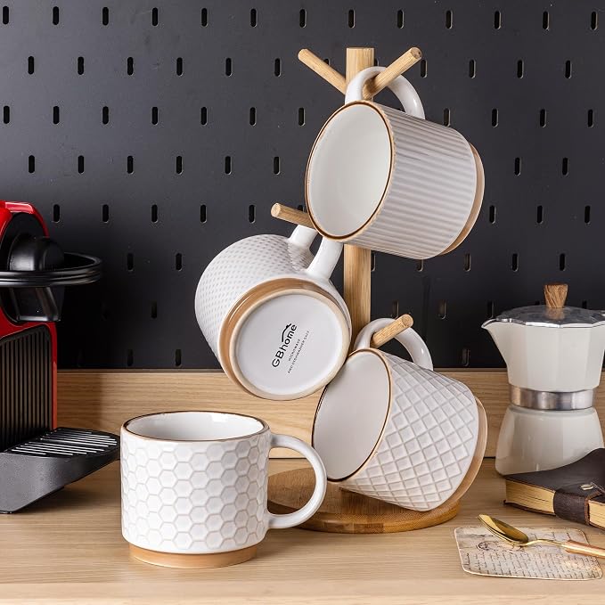 GBhome 15 OZ Stackable Coffee Mugs Set of 4, Ceramic Coffee Cups Set | 4 Assorted Designs, Embossed Mugs with Texture Patterns for Tea/Coffee, Dishwasher&Microwave Safe, Off White - Image 8