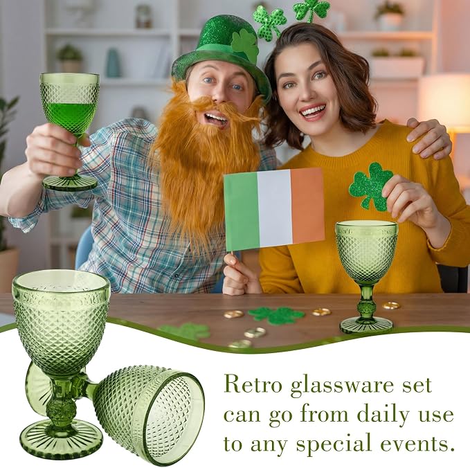 Bokon 12 Pack Green Glass Goblets Set 10 oz High Clear Wine Glass Vintage Water Goblets Cups Embossed Diamond Design Glassware with Stem for Drinking Juice Liquor Party Wedding Bar - Image 4