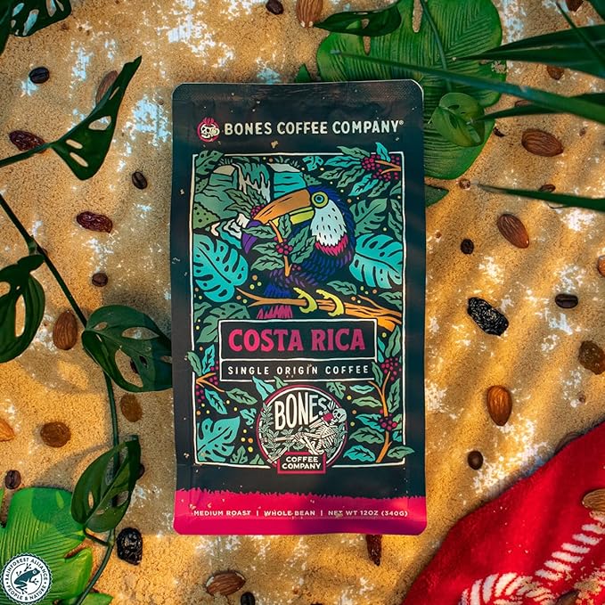 Bones Coffee Company Costa Rica Single-Origin, Cocoa, Nutty and Milk Chocolate Notes, Whole Coffee Beans, Low Acid Medium Roast Arabica Beans Flavored Coffee for Auto drip, 12 oz Whole Bean