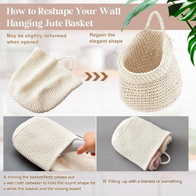 Honeydak Boho Decor Hanging Wall Baskets for Kitchen 3 Pack Teardrop Baskets with Hooks Storage Fruit Onion Vegetable Potato for Home 3 Sizes(White,Barrel,Cotton Rope) - Image 3