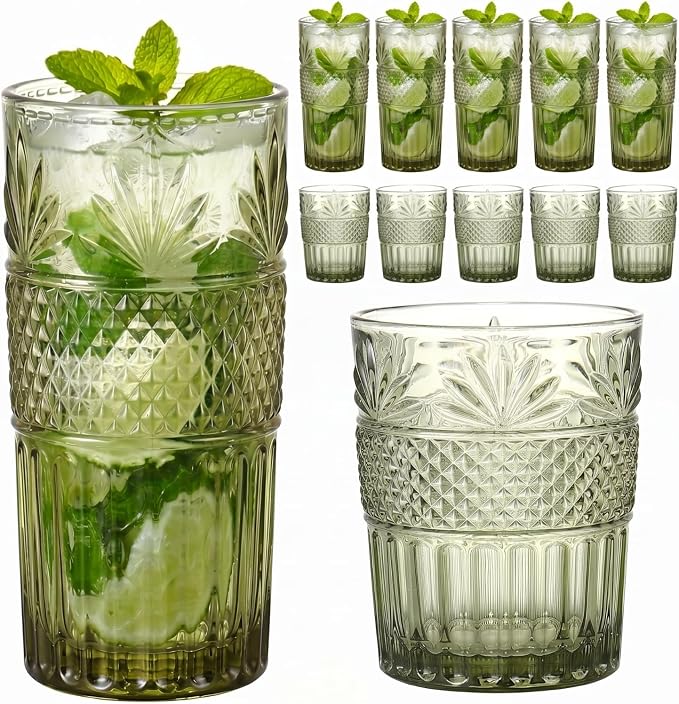 Green Drinking Glasses Set of 12, 12 Oz Highball & 10 Oz Cocktail Glasses, Green Kitchen Vintage Glassware Set, Floral Embossed Glass Tumbler Cups for Beer, Juice, Whiskey, Coffee(Pineapple) by FERAHI