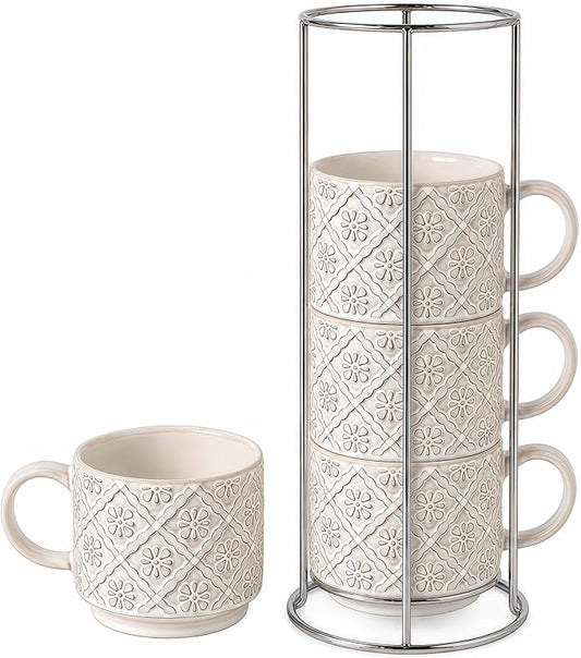 6 Oz Coffee Mugs with Stand, Stackable Coffee Cups Set of 4, Ceramic Espresso Cups, Embossed Cappuccino Cups for Latte, Cocoa, Mocha, Tea, Housewarming Wedding Present, Dishwasher Safe by Unknown