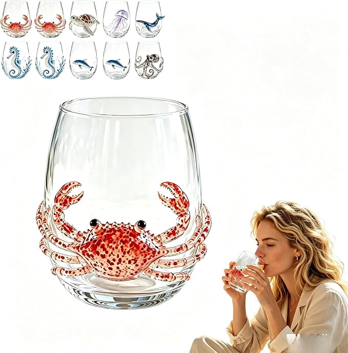 Novelty 3D Sculpted Ocean Life Stemless Wine Glasses, 12oz Embossed Sea Animal Glassware for Beverages, Premium Borosilicate Glass Beach Gifts (crab) by Unknown