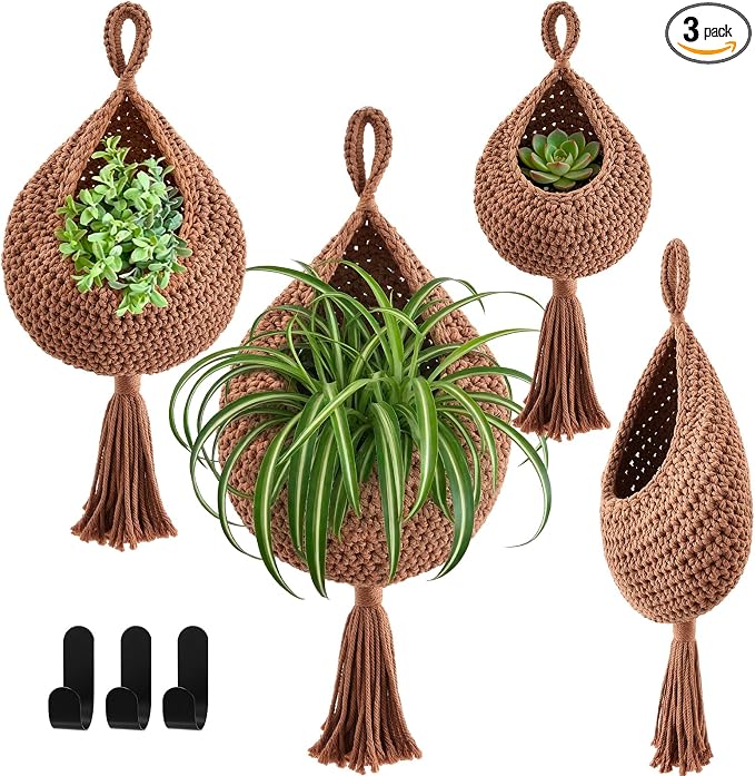 Honeydak Boho Decor Hanging Wall Baskets for Kitchen 3 Pack Teardrop Baskets with Hooks Storage Fruit Onion Vegetable Potato for Home 3 Sizes(White,Tassel,Cotton Rope) by Honeydak