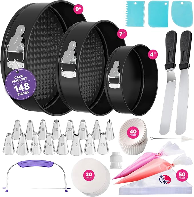 148PCs Cake Pan Set for Baking, 3 Non-Stick Springform Pan Set (4, 7, 9 Inches), Cake Decorating Kit, Piping Bags and Tips Set, Cake Leveler, Multi-functional Leak-Proof CheeseCake Pan (148) by Riccle