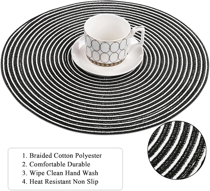 SHACOS 15 inch Round Braided Placemats Set of 6 Non Slip Washable Fabric Kitchen Table Place Mats Heat Resistant Table Mats for Home Wedding Party, Black White - Image 5