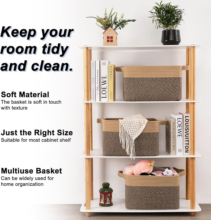 OIAHOMY 3 Pack Storage Basket for Organizing, 13''X9.85''X8.7'' Storage Bins,Woven Basket Basket with Handles, Toy Storage Basket Bin,Stylish Room Decor Basket, Brown & Black - Image 2