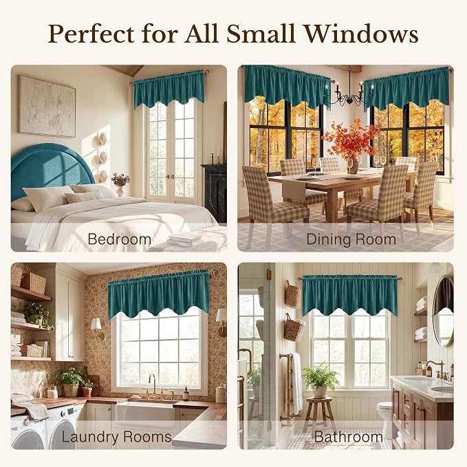 Teal Valance for Windows Scalloped 52x18 Inch 1 Panel | Soft Velvet Wavy Small Kitchen Curtains, Elegant Privacy Shielding Window Treatment for Bathroom, Laundry, RV - Image 6