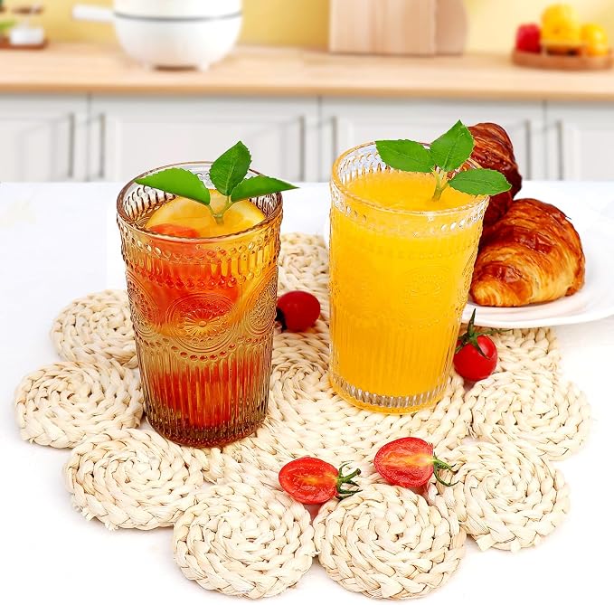 Loivttvv 6pcs Vintage Drinking Glasses Set, 12 oz Amber Highball Glasses, Embossed Ribbed Glassware Cups for Thanksgiving Cocktail, Juice, Whiskey - Image 7