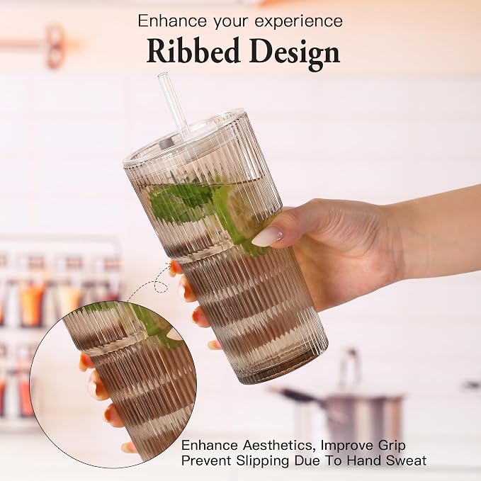 4PCS Gray Glass Cups with Lids and Straws, 20oz Vintage Drinking Glasses, Aesthetic Iced Coffee Cups, Glass Tumbler for Boba, Beer, Tea, Cocktails, Grey Ribbed Glassware Set (Gray-4) - Image 5