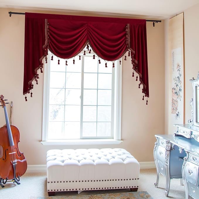 Theater Red Waterfall Valance Curtains W59 inches, 1 Panel | Super Soft Velvet Swag Valances for Christmas Holiday Decoration, Room Darkening Window Drapes for Kitchen, Bedroom - Image 2