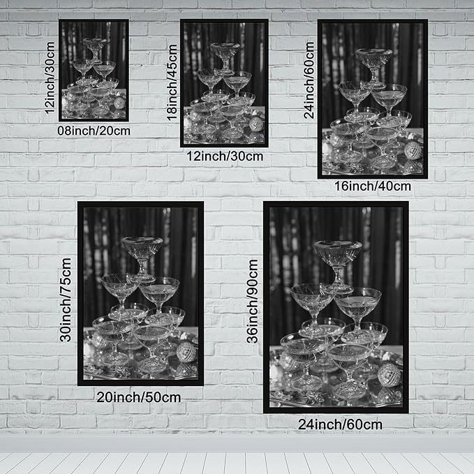 UXCBIA Stacked Champagne Glasses With Mirror Balls, Black And White, Wine Glasses Poster Canvas Poster Bedroom Decor Sports Landscape Office Room Decor Gift Black Frame 12x18in(30x45cm) - Image 2