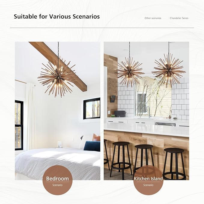31.3" Farmhouse Sputnik Chandelier for Dining Room Rustic Handmade Natural Wood 16-Light Hanging Ceiling Pendant Light Fixture Starburst Wood Chandeliers for Kitchen Bedroom Foyer Hallway - Image 6