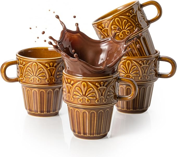 Ceramic Coffee Cups, Coffee Mugs Set of 4, 12 OZ Ceramic Mugs, Stackable Mug, Brown, Microwave & Dishwasher Safe for Hot Drinks Cocoa Latte, Perfect for Daily Use Gathering & All Holiday Gifts by LYEOBOH
