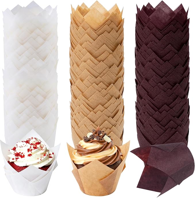 150 Pcs Mini Cupcake Liners Muffin Liners Baking Cups | Tulip Cupcake Liner for Baking Wedding, Birthday, Baby Shower Parties, Brown, Natural, White by Ruisita