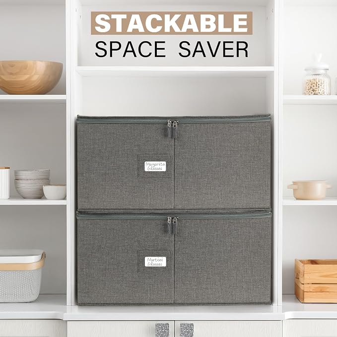 LotFancy Stemware Storage Container for Moving, Hard Shell, Wide Wine Glass Storage Box with Dividers & Handles, Stackable, Foldable Crystal Glassware Case, 21”x15.5”x10”, Grey - Image 7