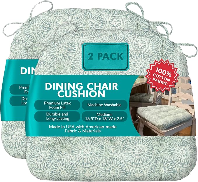 Barnett Home Decor Dining Chair Cushions with Ties – Size Medium 16.5 x 18 - Latex Foam Fill, 100% Cotton, Machine Washable Chair Pads for Kitchen Chairs, Made in USA (Tibet Spa/Pack of 2) by BarnettHomeDecor