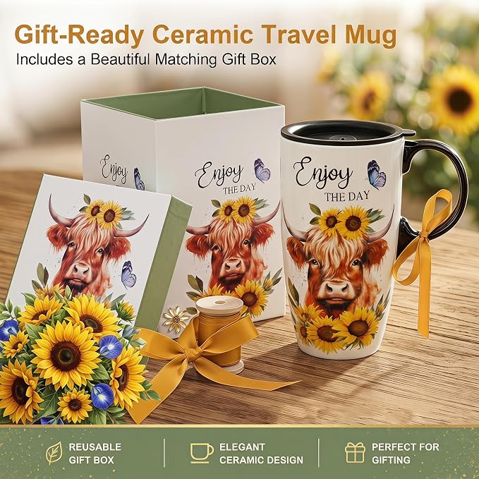 Topadorn 17oz Ceramic Travel Mug with Lid, Highland Cow Coffee Mug | Farmhouse Ceramic Coffee Cup with Handle, Gift Box Included, Dishwasher & Microwave Safe - Image 4