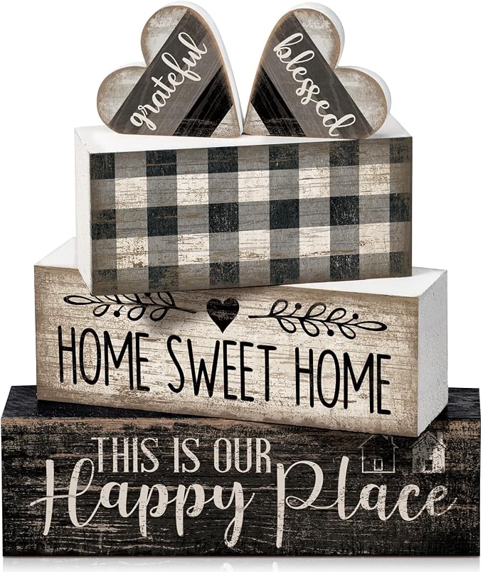 Moucuny 4 Pcs Farmhouse Decor Black and White Farmhouse Tiered Tray Decorations Home Sweet Home Table Centerpiece Wooden Blessed Heart Rustic Checked Kitchen Decor and Accessories Block Sign for Shelf by Moucuny