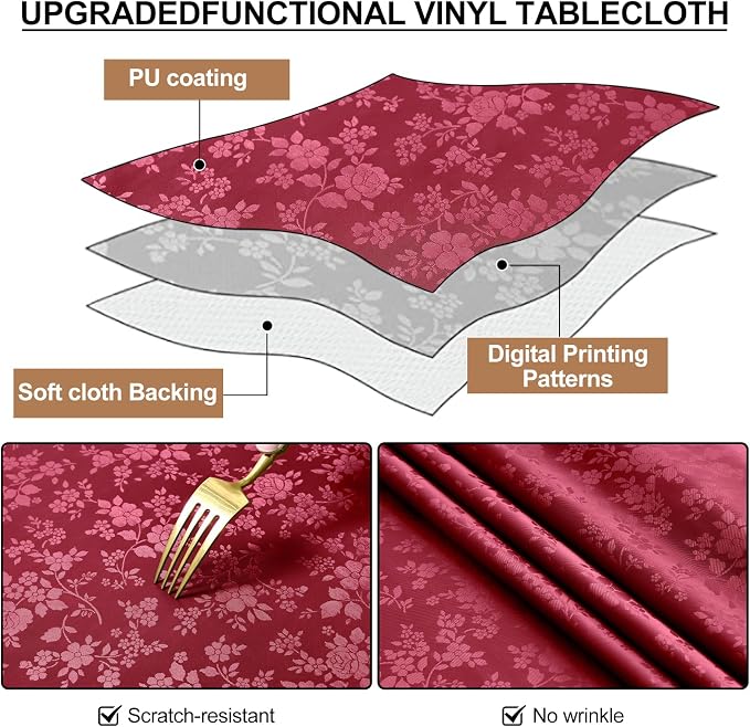 smiry Waterproof Vinyl Tablecloth, Rectangle Heavy Duty Table Cloth, Wipeable Table Cover for Kitchen and Dining Room (Red, 60X102 Inch) | Wipeable Washable Floral Embossed Table Cover for Kitchen and Dining Room, Indoor & Outdoor Use, Wine Red - Image 3