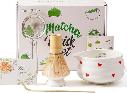 5pcs Premium Matcha Set,Ceramic Bowl with Spout and Bamboo Whisk set, Ceremonical Matcha Kit for breakfast/latte,Tea Starter Making Kit,Unique Matcha Gift set (love)