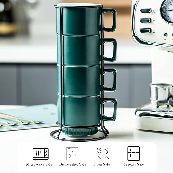 Miamolo Stackable Coffee Mugs Set of 4 with Holder Spoons 11oz Ceramic Cappuccino Cups for Espresso Latte Tea Drinks, Father's Day,Dishwasher & Microwave Safe, Green - Image 3