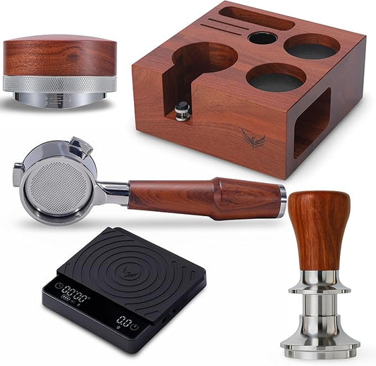 54mm Espresso Accessories Kit Calibrated Tamper, Distribution Tool, Bottomless Portafilter with Basket, Tamping Station Organizer & Coffee Scale Compatible with Breville
