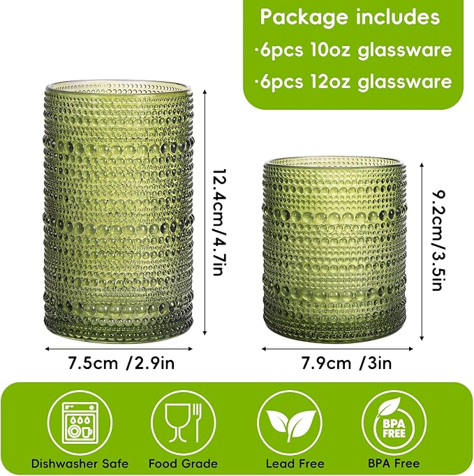 Moretoes Vintage Hobnail Drinking Glasses Set of 12,Green Water Glass Cups | Mixed Glassware Set, 6pcs 12oz Highballs and 6pcs 10oz Old Fashioned Glasses, Great for Cocktail, Whisky and Other Beverages - Image 3
