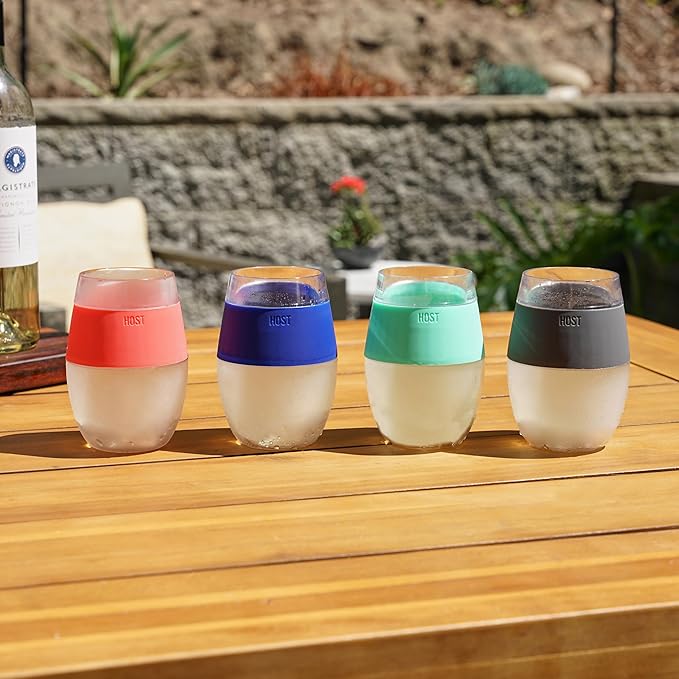 HOST Cooling Cup Set of 4 Plastic Double Wall Insulated Freezable Drink Chilling Tumbler with Freezing Gel, Wine Glasses for Red and White Wine, 8.5 oz, Assorted Colors