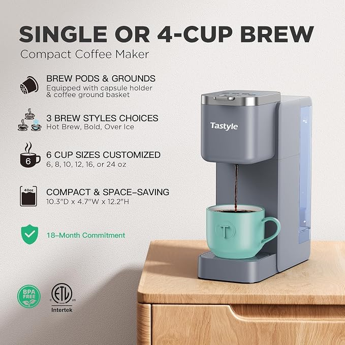 Tastyle Single Serve Coffee Maker for K Cups and Grounds with 3 Brew Styles | 40oz Removable Water Tank, 6 to 24oz Brew Size, Compact Design, Fits 7.3" Travel Mug, for Home, RVs and Office, K330IC, Gray - Image 2